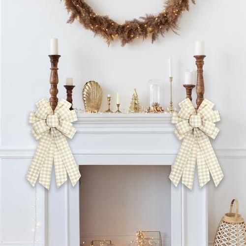 Large Natural Buffalo Plaid Wreath Bows, - Image 5
