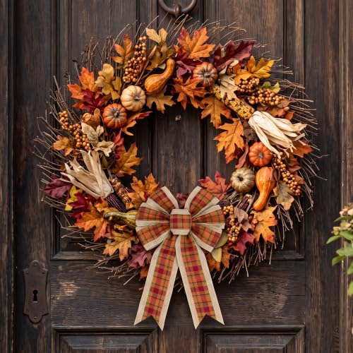 Fall Wreath Bow for Front Door, Plaid Th - Image 3