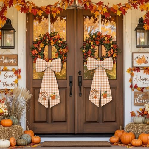 2 Pcs Fall Wreath Sash Plaid Pumpkin Hel - Image 2