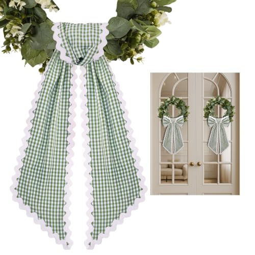 2 Pcs Green and White Plaid Wreath Sash for Front 