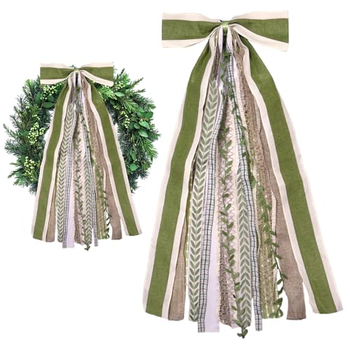 Large Farmhouse Ribbon Bow for Wreath, Green Leave