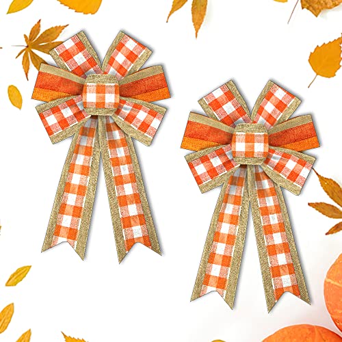 2pcs Fall Burlap Bows - Plaid Orange/Buffalo Brown