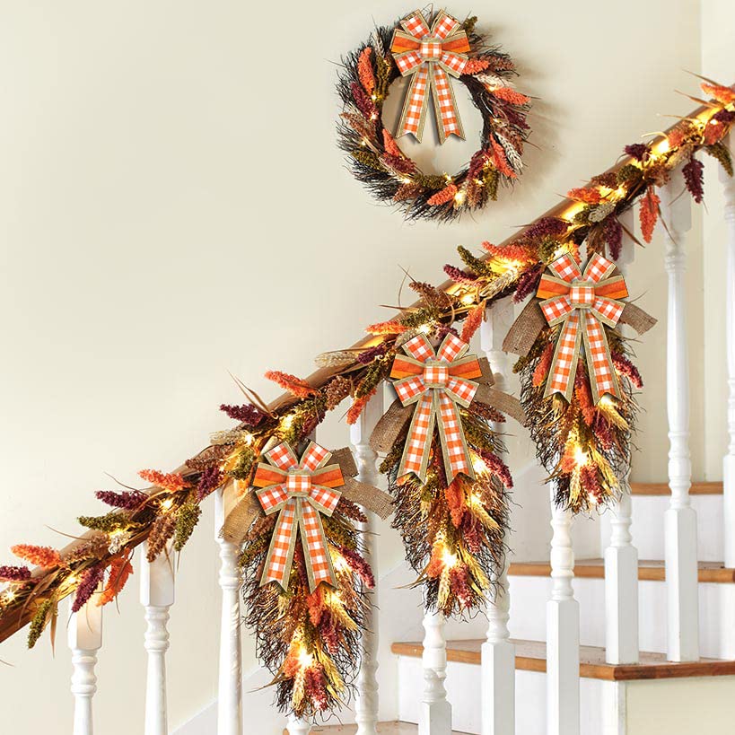2pcs Fall Burlap Bows - Plaid Orange/Buf - Image 4
