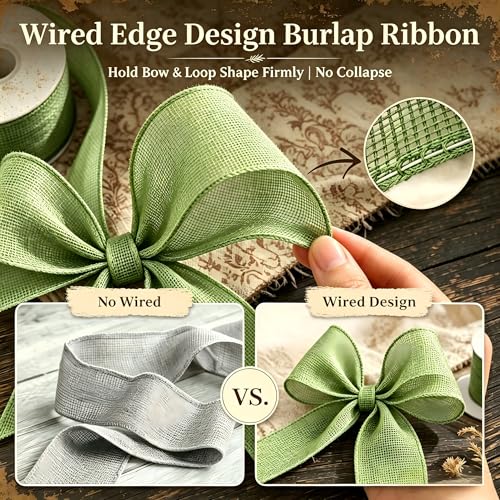 Green Burlap Wired Ribbon for Gift Wrapp - Image 2