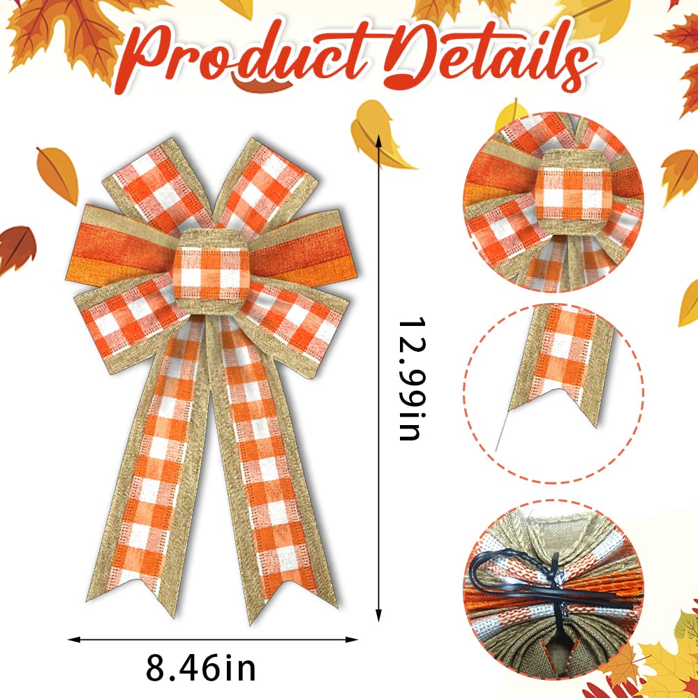 2pcs Fall Burlap Bows - Plaid Orange/Buf - Image 7