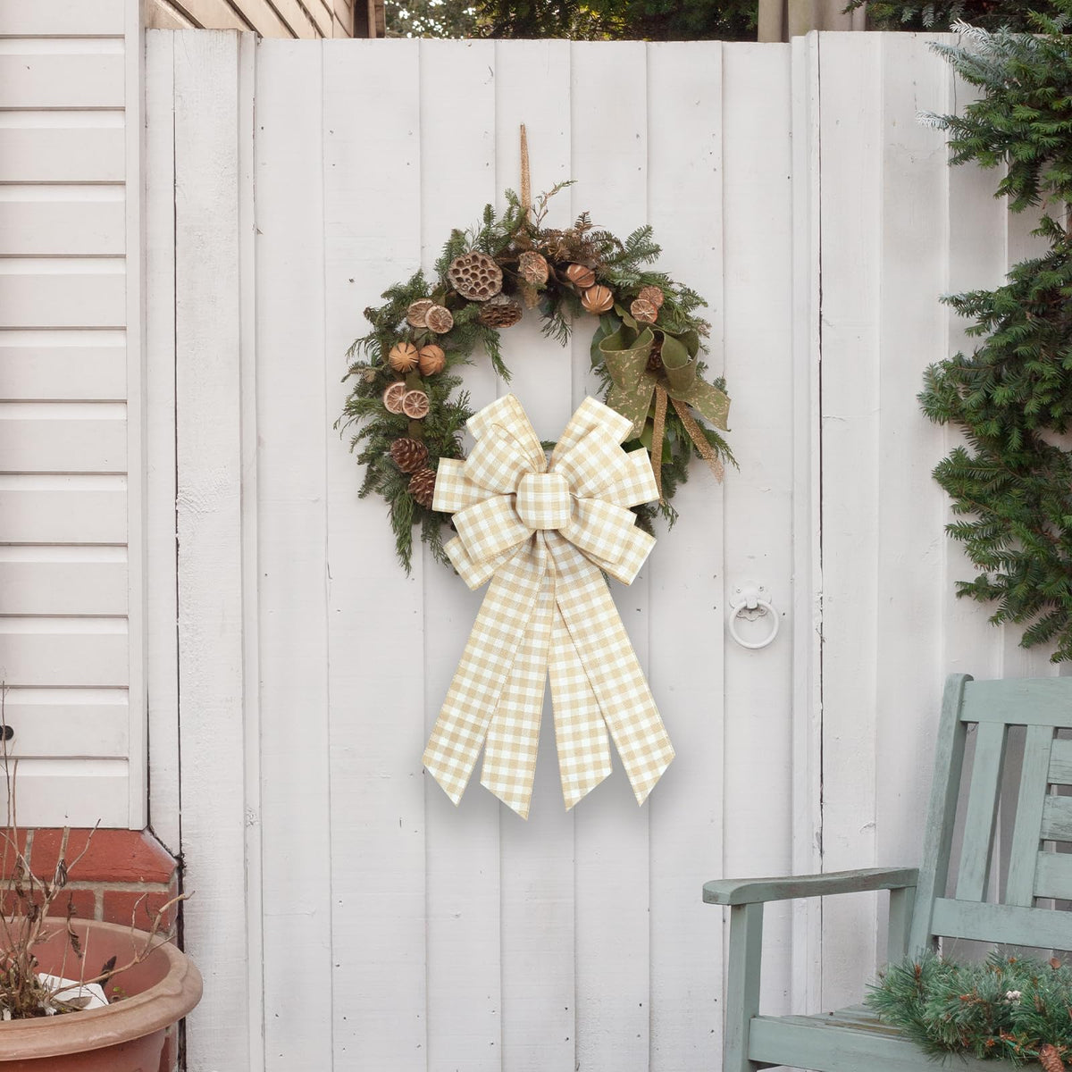 Large Natural Buffalo Plaid Wreath Bows, - Image 8