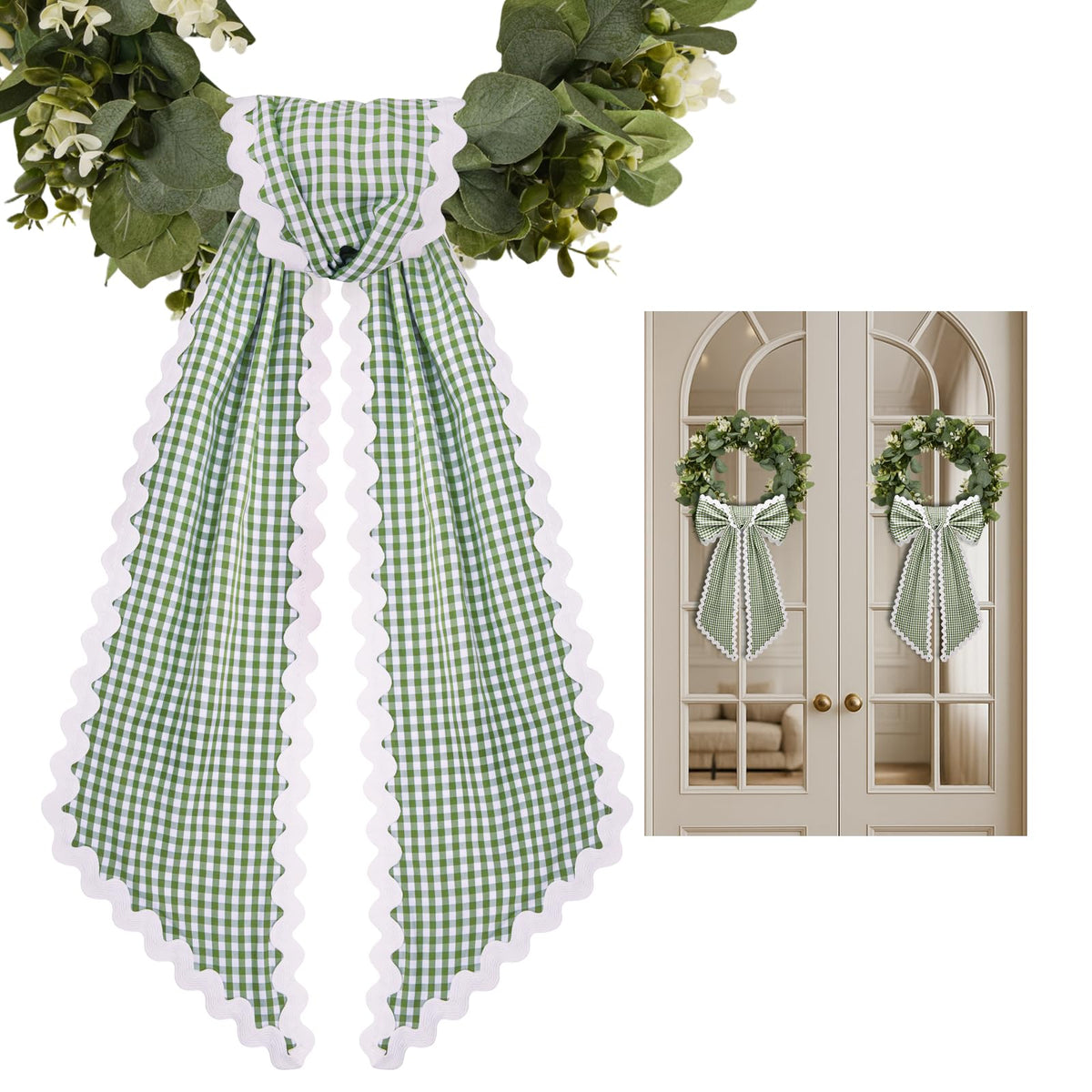 2 Pcs Green and White Plaid Wreath Sash  - Image 8