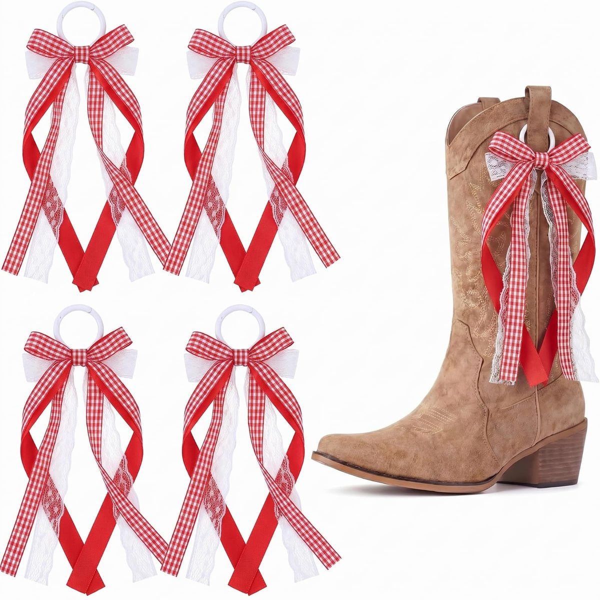 4 Pcs Red and White Boot Bow for Cowgirl - Image 8