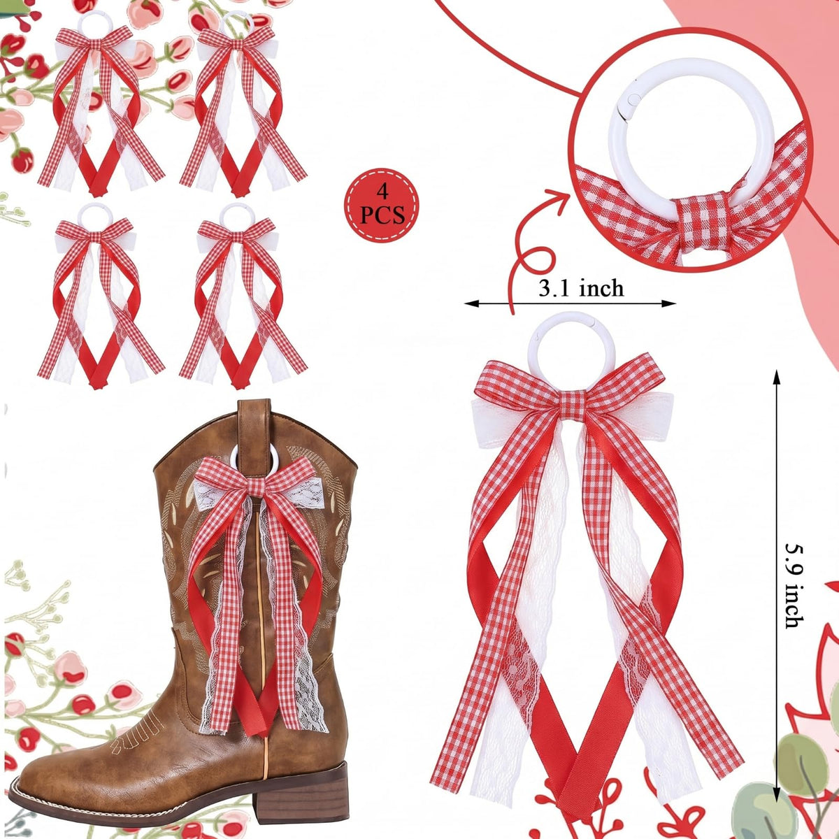4 Pcs Red and White Boot Bow for Cowgirl - Image 9