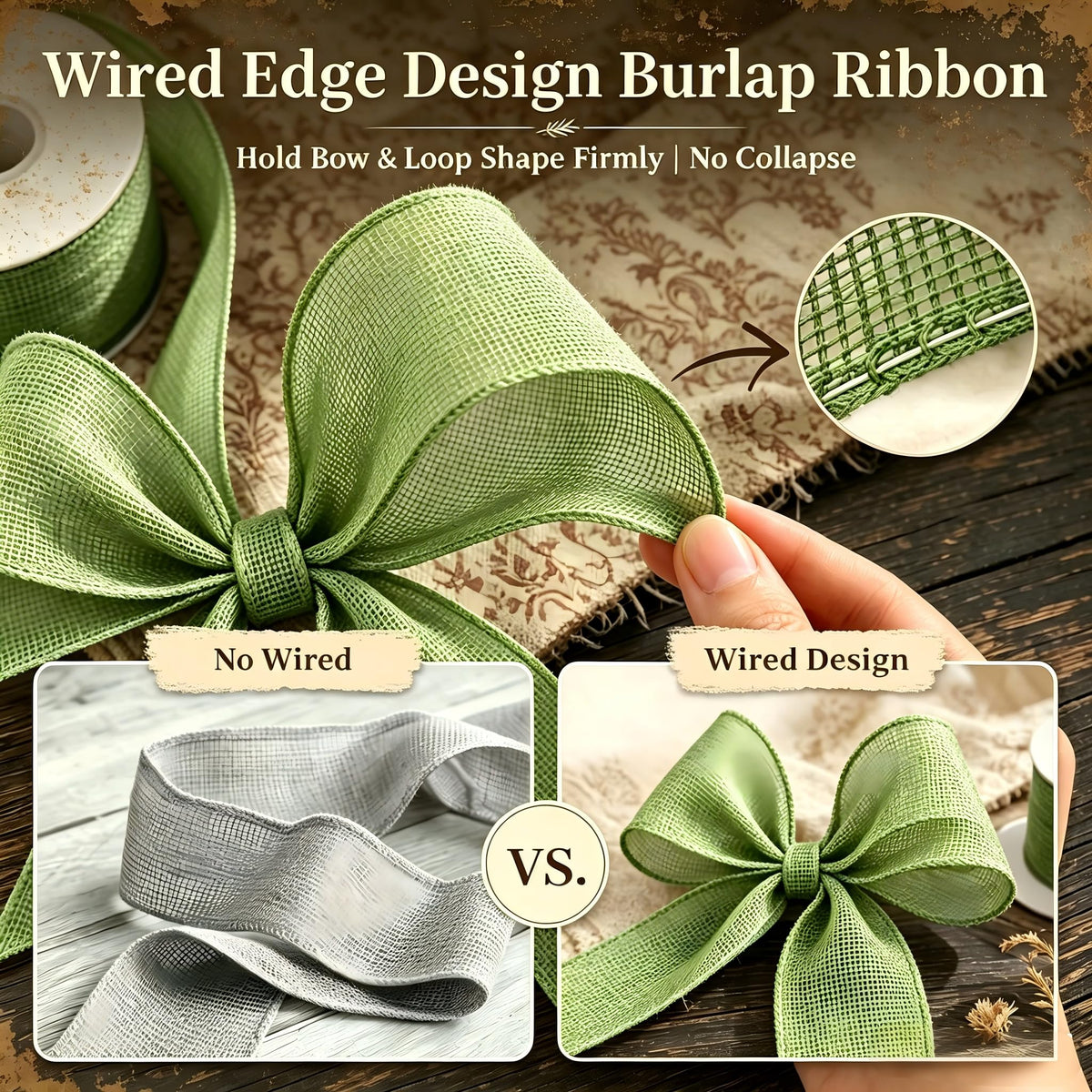 Green Burlap Wired Ribbon for Gift Wrapp - Image 9
